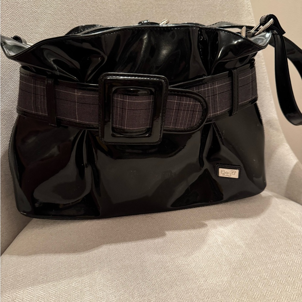Black Patent Leather Bag with Plaid Accent